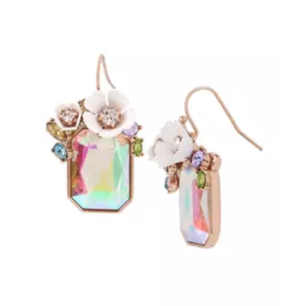 Betsey Johnson White Flower, Iridescent Gem, Rose Gold drop earrings, NWT